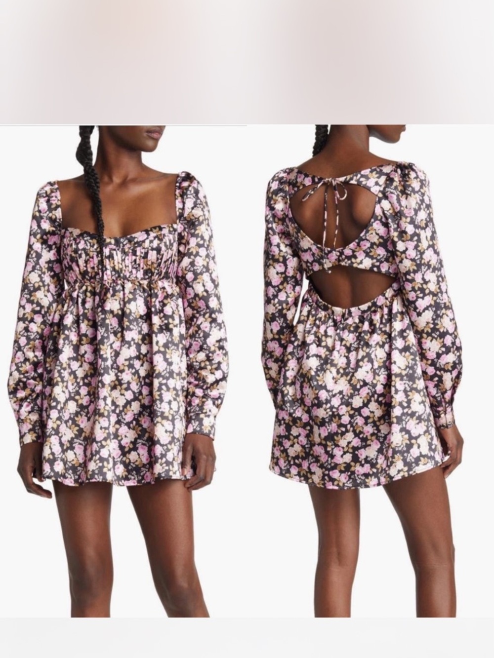 For Love & Lemons Pink Floral Square-Neck Mini Dress